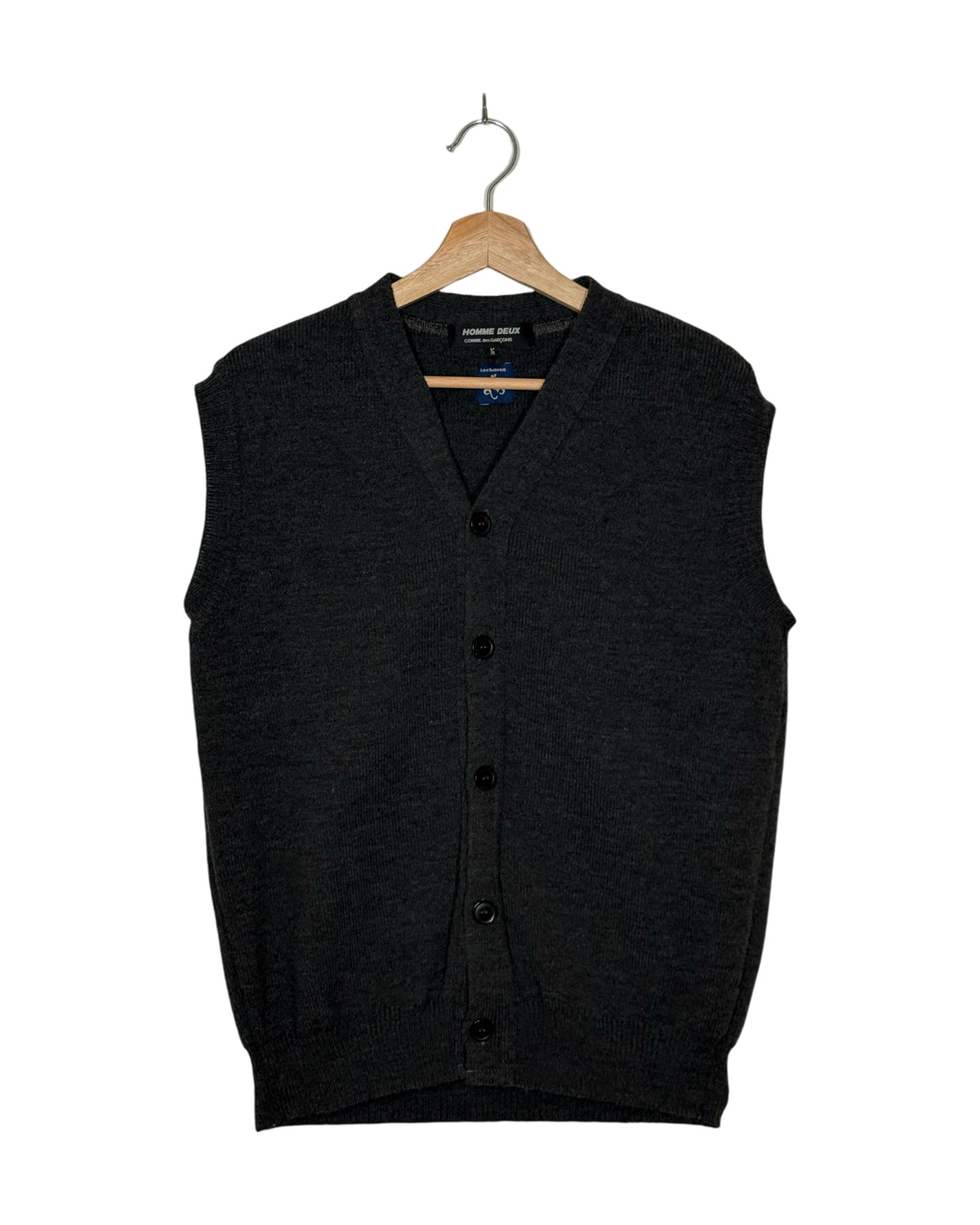 Comme des Garcons Homme Deux x Lochaven of Scotland 2021AW knit vest - front view on hanger, Scottish knitwear construction