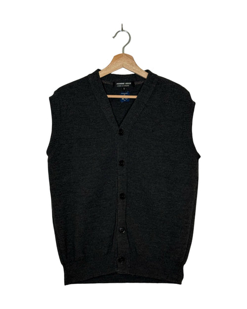 Comme des Garcons Homme Deux x Lochaven of Scotland 2021AW knit vest - front view on hanger, Scottish knitwear construction