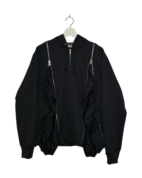 Comme des Garcons Homme Plus 2026SS zipper drape ruffle hoodie - front view on hanger, dropped shoulder hoodie with a ruffle