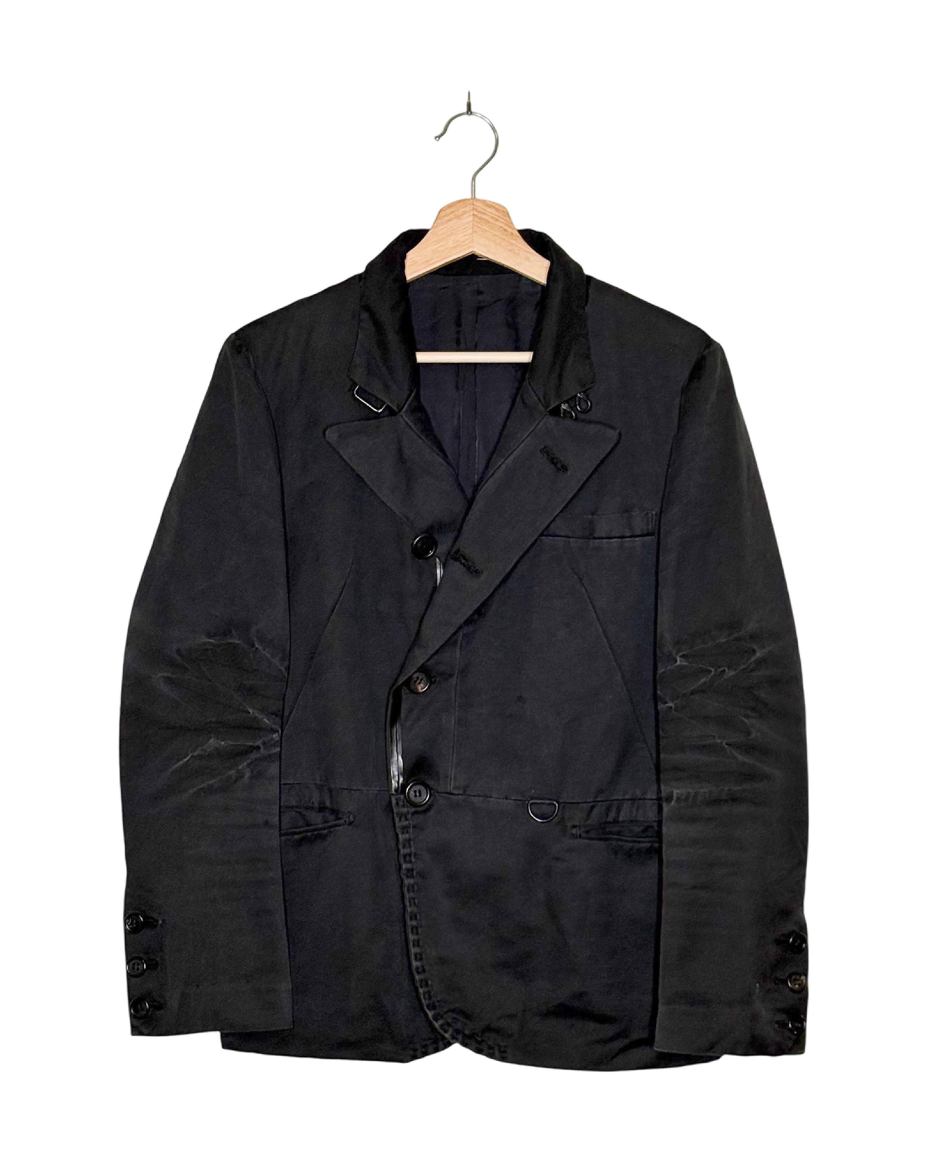 Undercover 2006AW But Beautiful V washed distressed blazer - front view on hanger, heavily garment-washed tailoring in faded