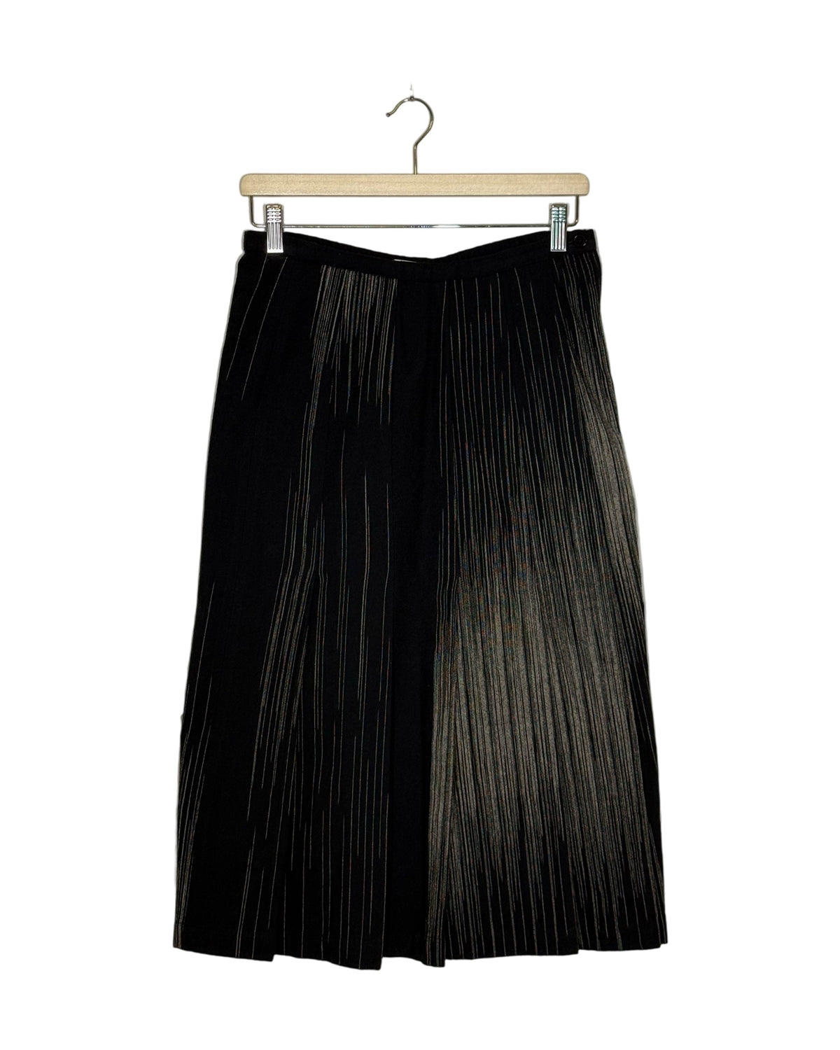 Comme des Garcons 1986AW metallic jacquard wool maxi skirt - front view on hanger, floor-length wool woven with gold and silver thread in a tonal jacquard