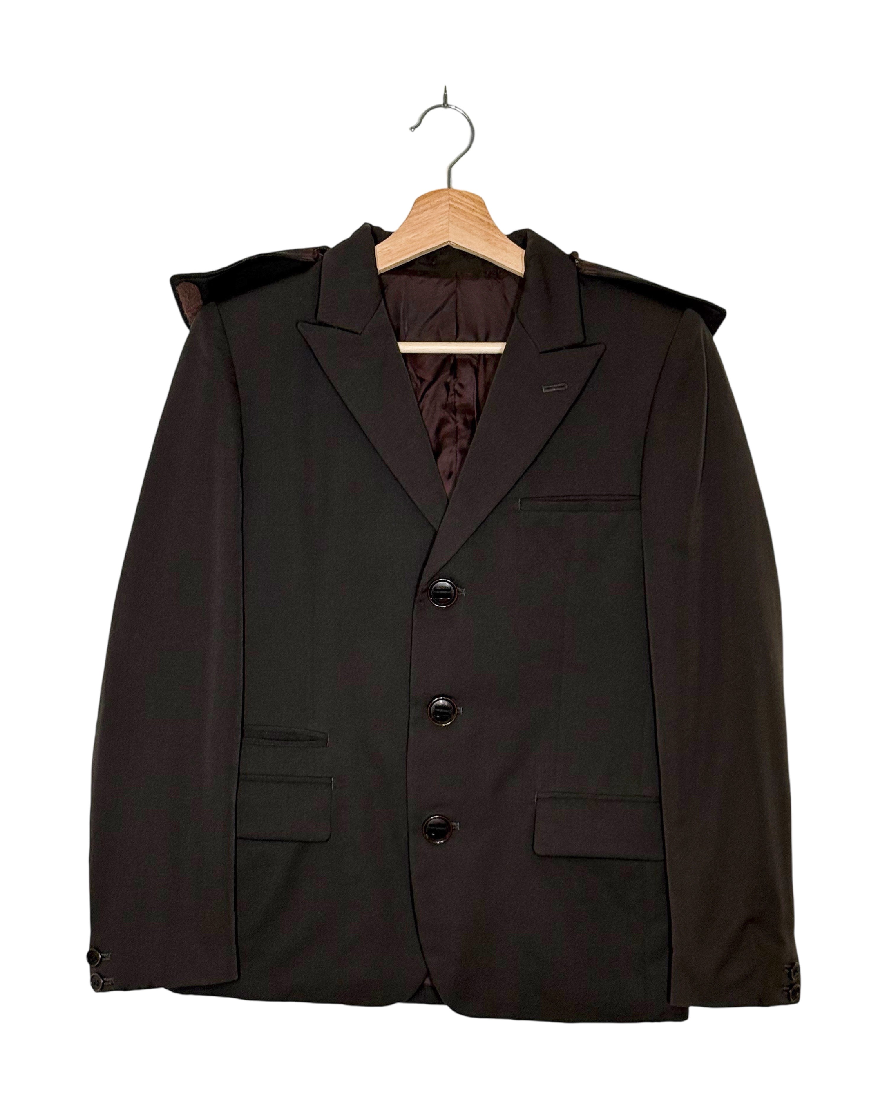 Undercover 2007AW hooded wool blazer - front view on hanger, dark brown tailored wool blazer with an integrated hood