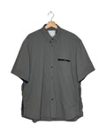 Sacai 2023SS tech short sleeve shirt - front view on hanger, short sleeve shirt in Sacai's technical fabric treatment
