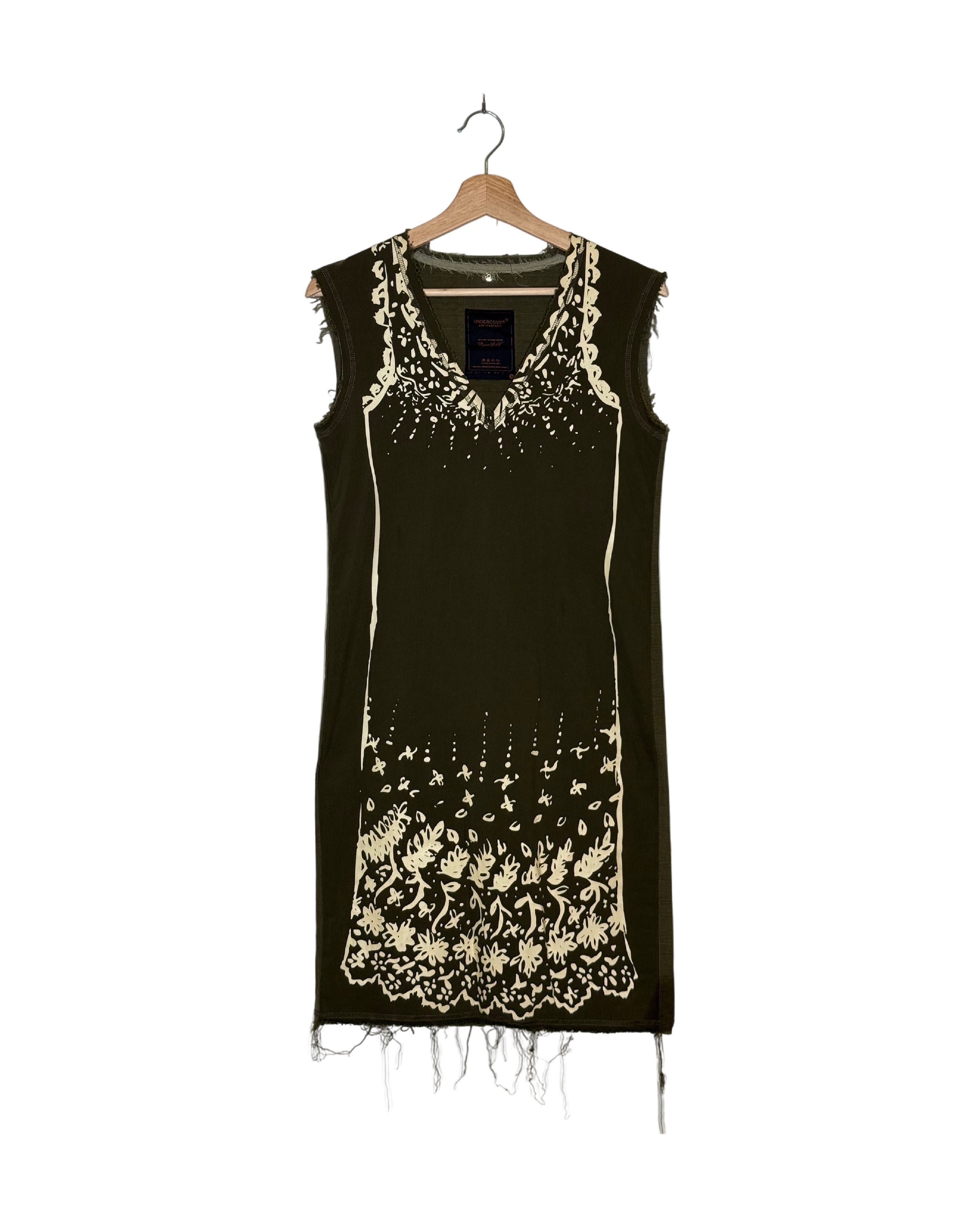 Undercover 2003AW Paperdoll distressed print dress - front view on hanger, DIY reconstruction dress from Jun Takahashi's