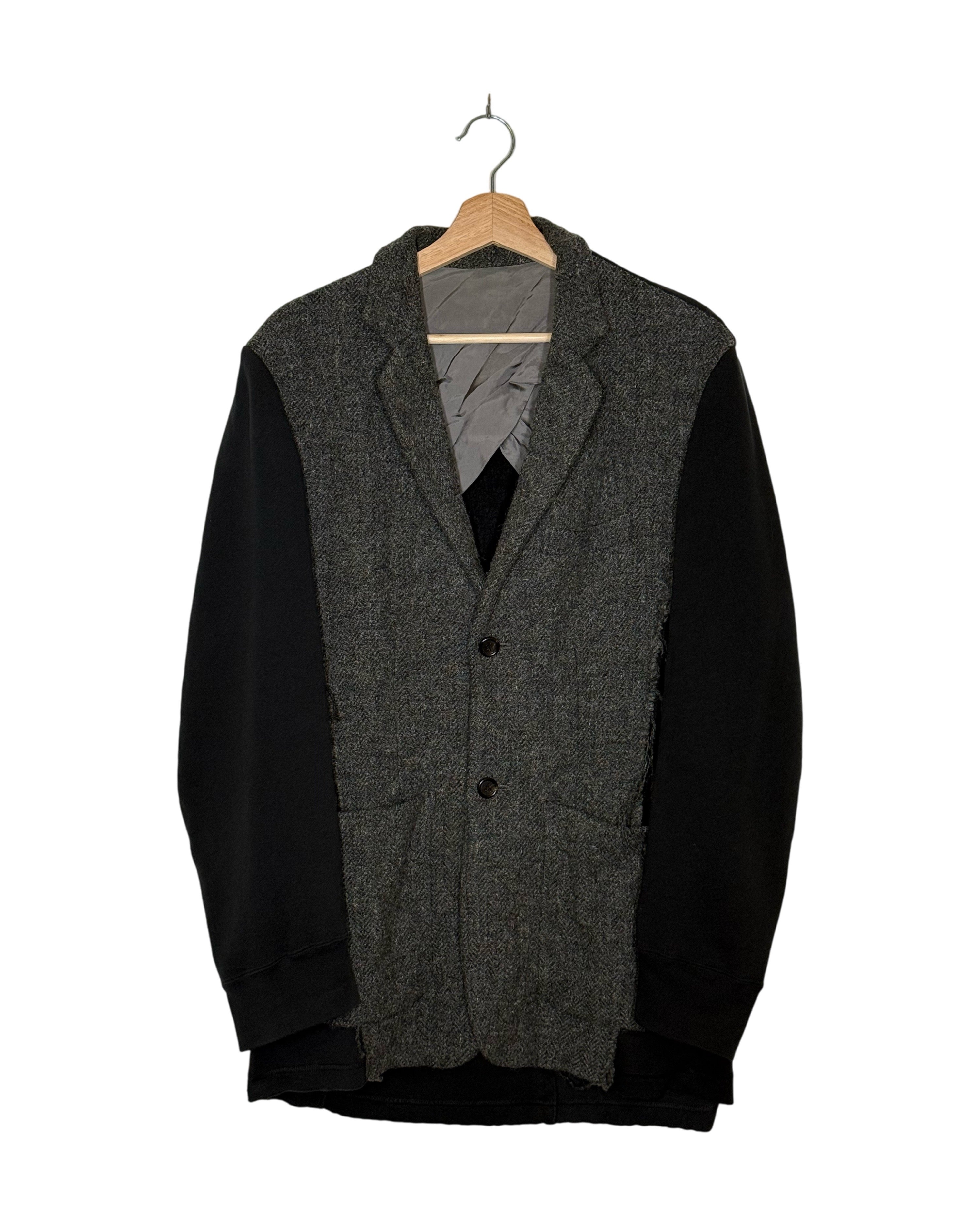 Undercover 2003AW Paperdoll collage reconstructed wool blazer - front view on hanger, wool tailoring pieced back together