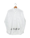 Comme des Garcons Shirt 2022AW metal ring cut-out shirt - front view on hanger, white cotton with circular openings finished