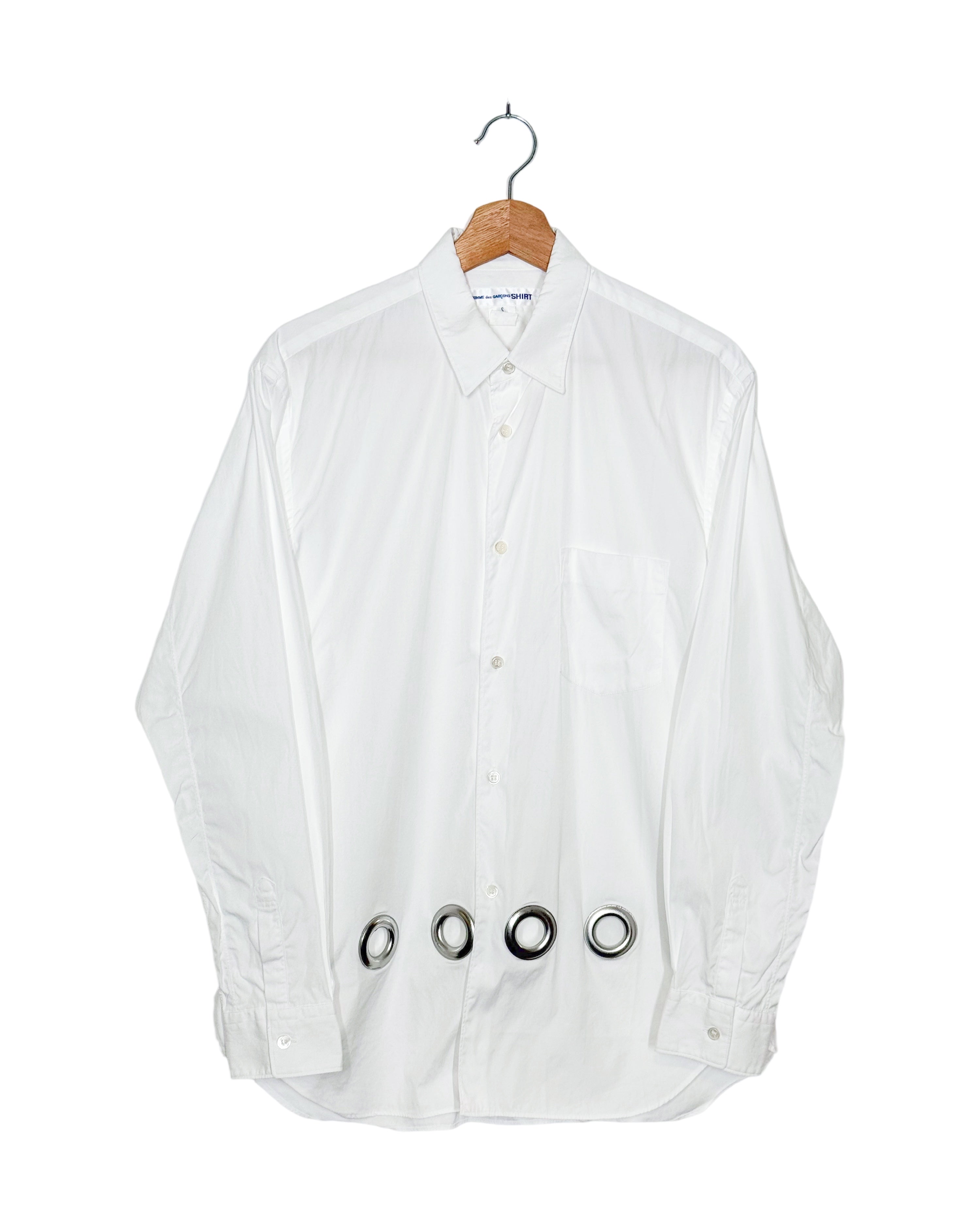 Comme des Garcons Shirt 2022AW metal ring cut-out shirt - front view on hanger, white cotton with circular openings finished