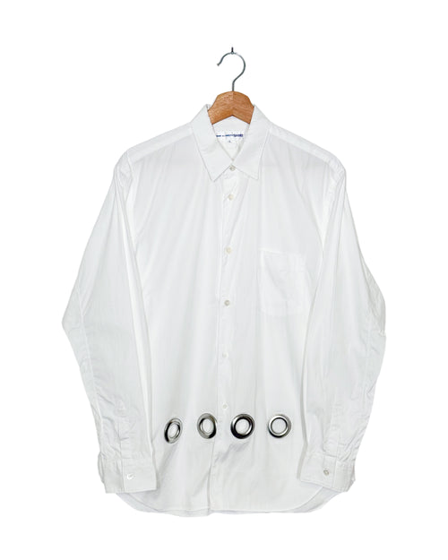 Comme des Garcons Shirt 2022AW metal ring cut-out shirt - front view on hanger, white cotton with circular openings finished in metal rings, made in France