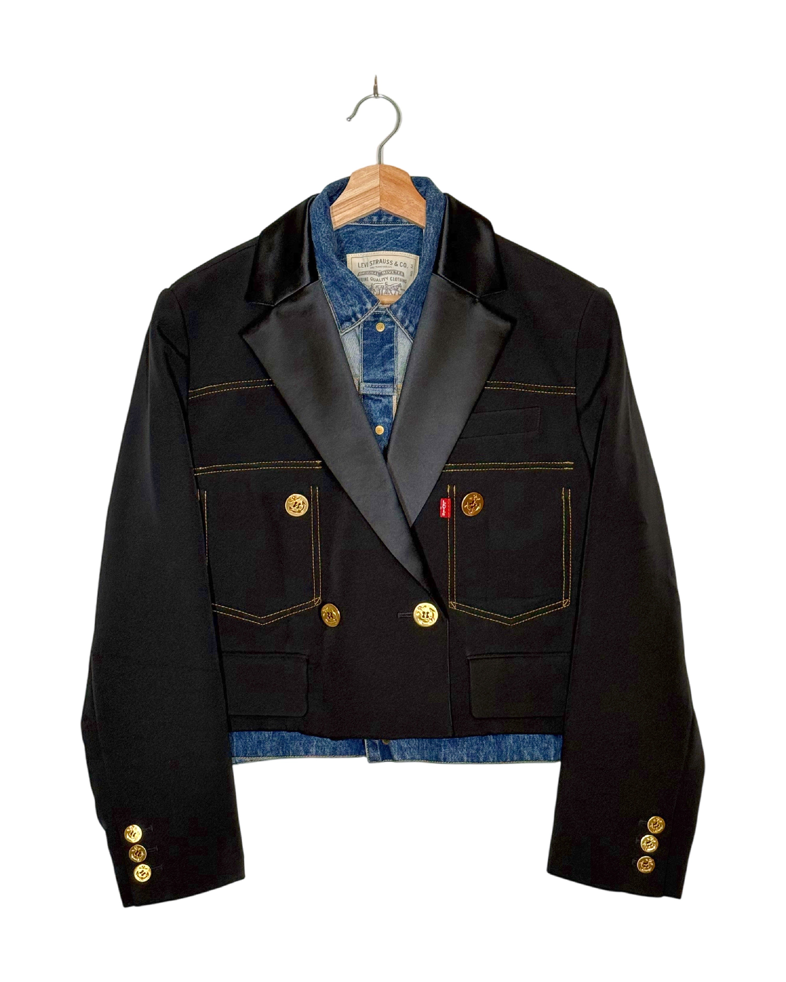 Levi's x Sacai 2025SS double-breasted denim metelasse twill jacket - front view on hanger, Levi's denim reworked in Sacai's