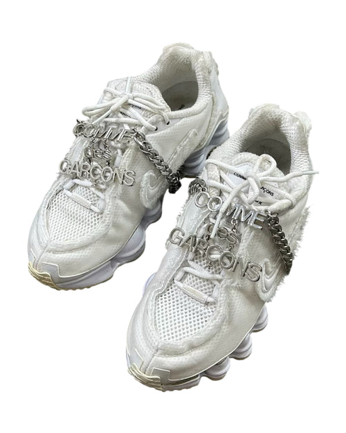 Nike x Comme des Garcons 2019SS Shox TL chain sneakers - front view on hanger, Shox platform with chain overlay