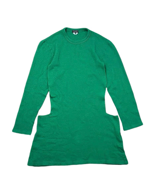 Comme des Garcons Homme Plus 2022AW deconstructed knit sweater - front view on hanger, elongated green wool with vertical openwork cutouts down both sides