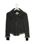 Yohji Yamamoto 2007AW tweed zip jacket - front view on hanger, cropped grey boucle tweed with a structured body and zip front