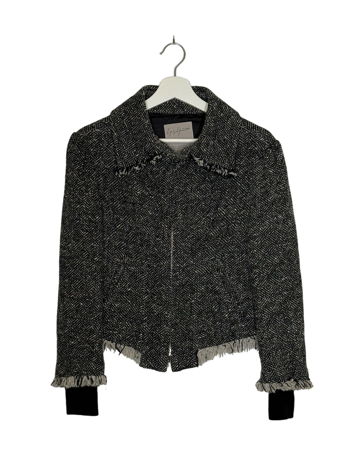 Yohji Yamamoto 2007AW tweed zip jacket - front view on hanger, cropped grey boucle tweed with a structured body and zip front