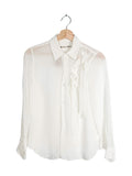 Comme des Garcons 2016AW double bow chiffon shirt - front view on hanger, sheer lightweight chiffon with twin structural