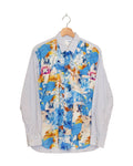 Comme des Garcons Shirt 2020AW Futura splatter shirt - front view on hanger, long sleeve with Futura's blue and white atomic