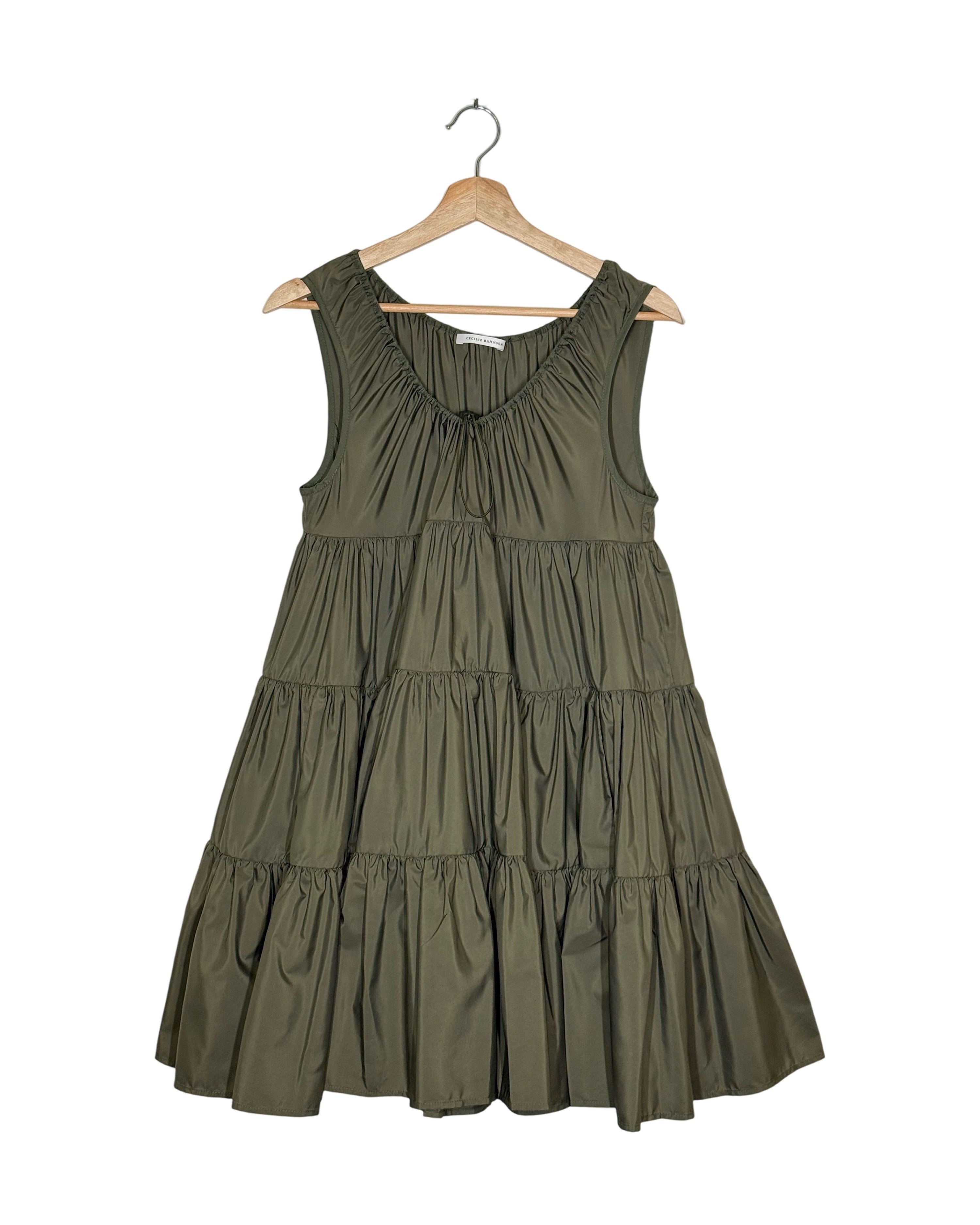 Cecilie Bahnsen 2025AW Aino tiered minidress - front view on hanger, signature volumetric tiering with gathered tiers stepping down to the hem
