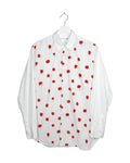 Comme des Garcons Shirt 2018SS Mary Heilmann bloodstains shirt - front view on hanger, all-over artist print, spread collar