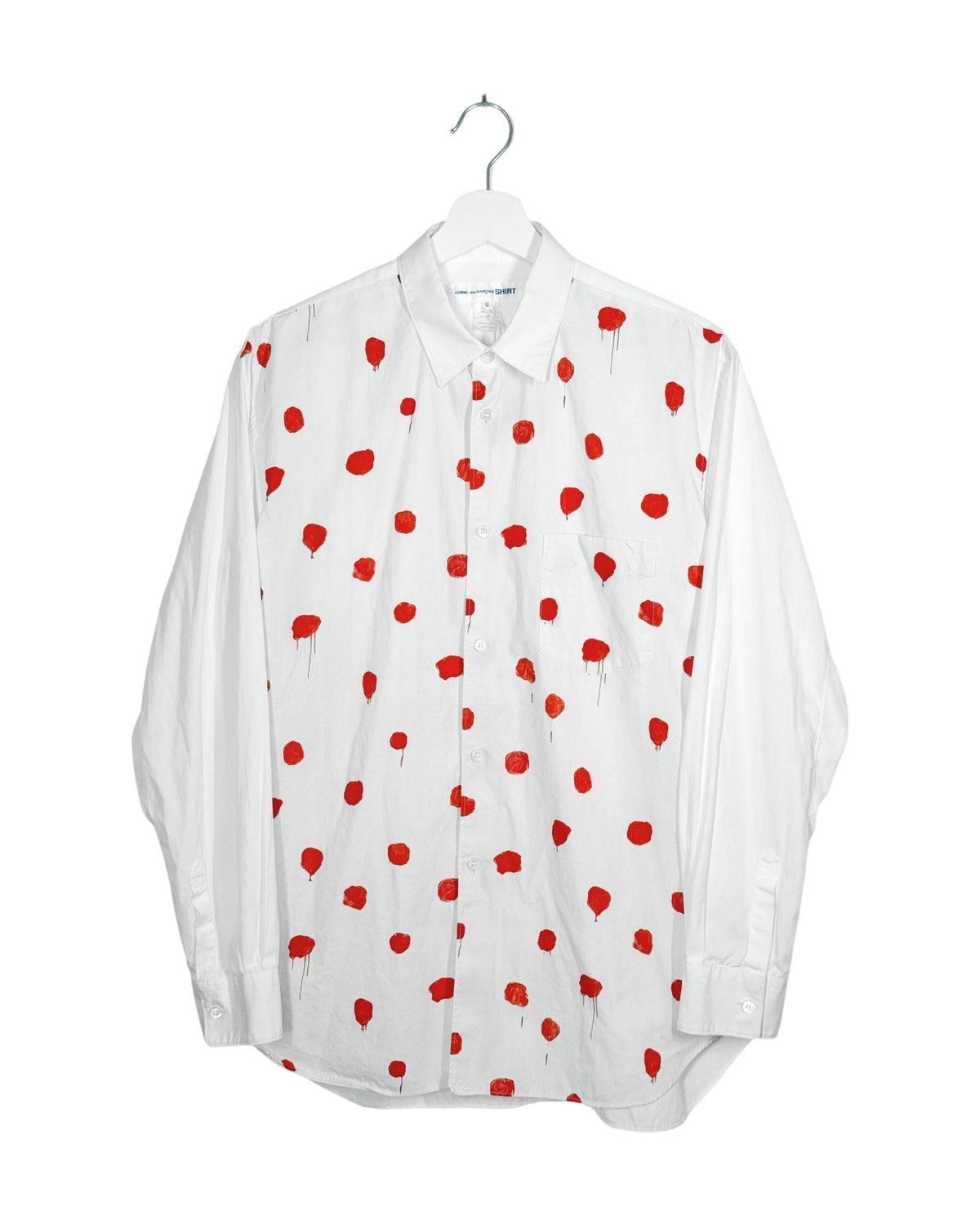 Comme des Garcons Shirt 2018SS Mary Heilmann bloodstains shirt - front view on hanger, all-over artist print, spread collar