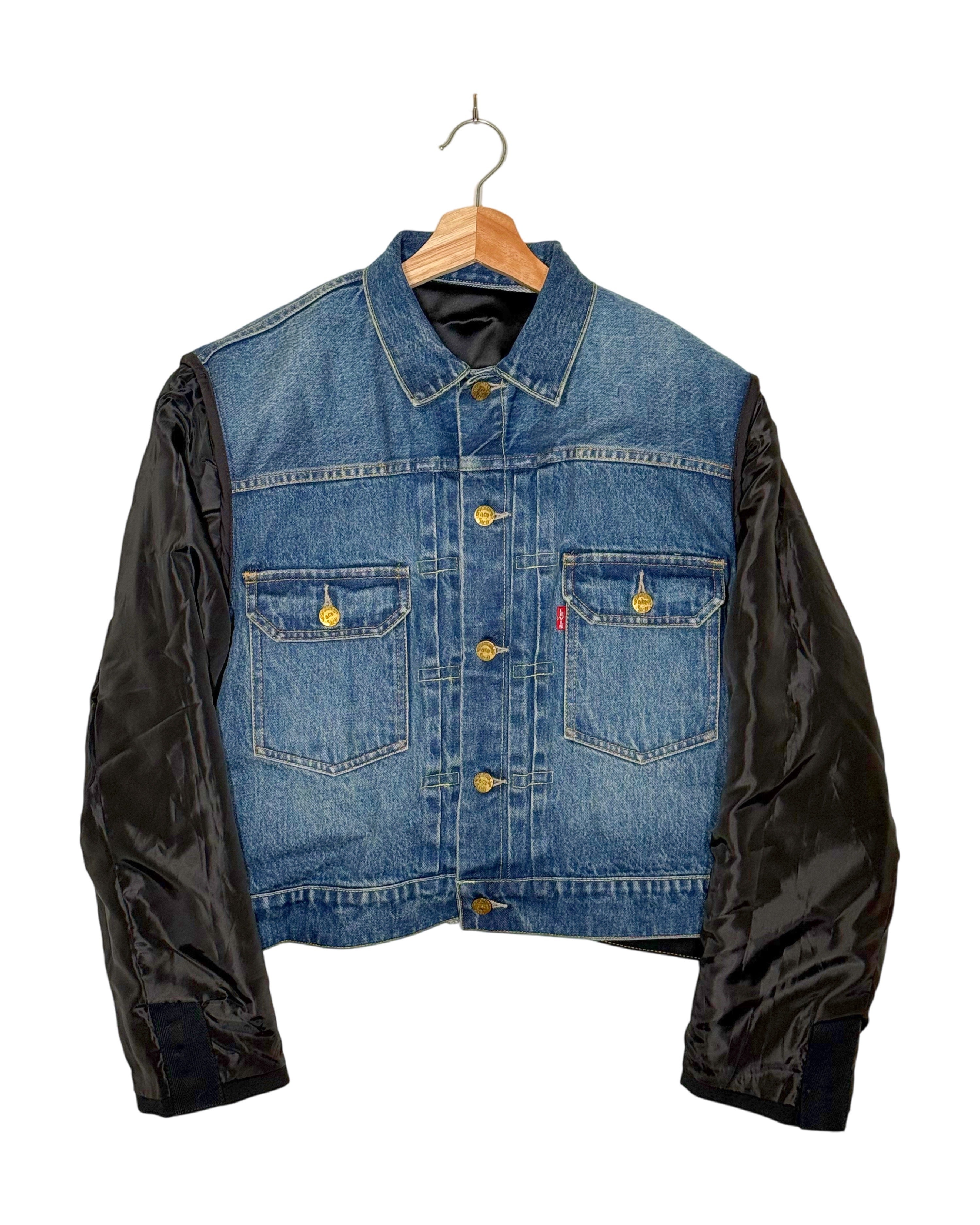 Levi's x Sacai 2025SS double-breasted denim metelasse twill jacket - front view on hanger 2