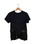 Noir Kei Ninomiya 2018SS tulle panelled belt tee - front view on hanger, cotton tee with tulle side inserts and a fabric