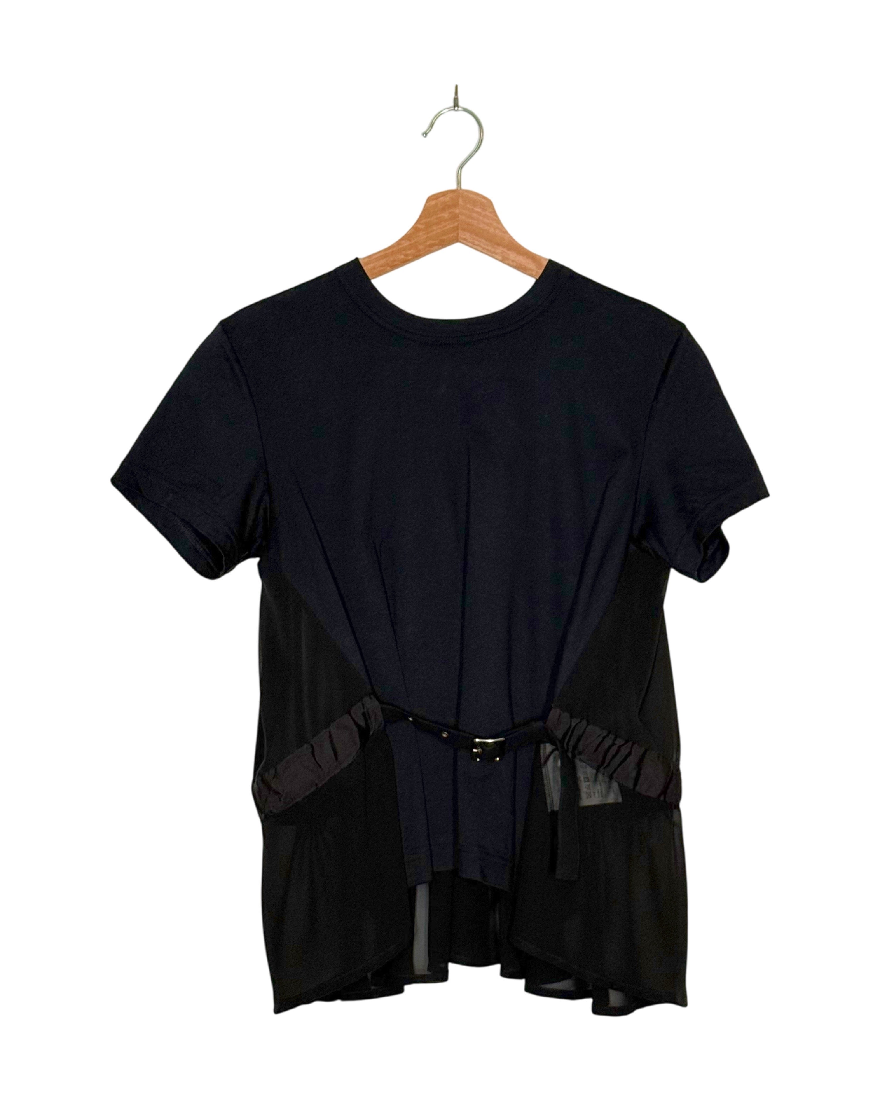 Noir Kei Ninomiya 2018SS tulle panelled belt tee - front view on hanger, cotton tee with tulle side inserts and a fabric
