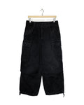Yohji Yamamoto Pour Homme 2018AW washed distressed M51 military trousers - front view on hanger, M51 field pattern garment-washed to a faded black, drawcord hem