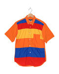 Comme des Garcons Homme Deux 2023SS colour-block patchwork shirt - front view on hanger, orange base with contrasting pieced