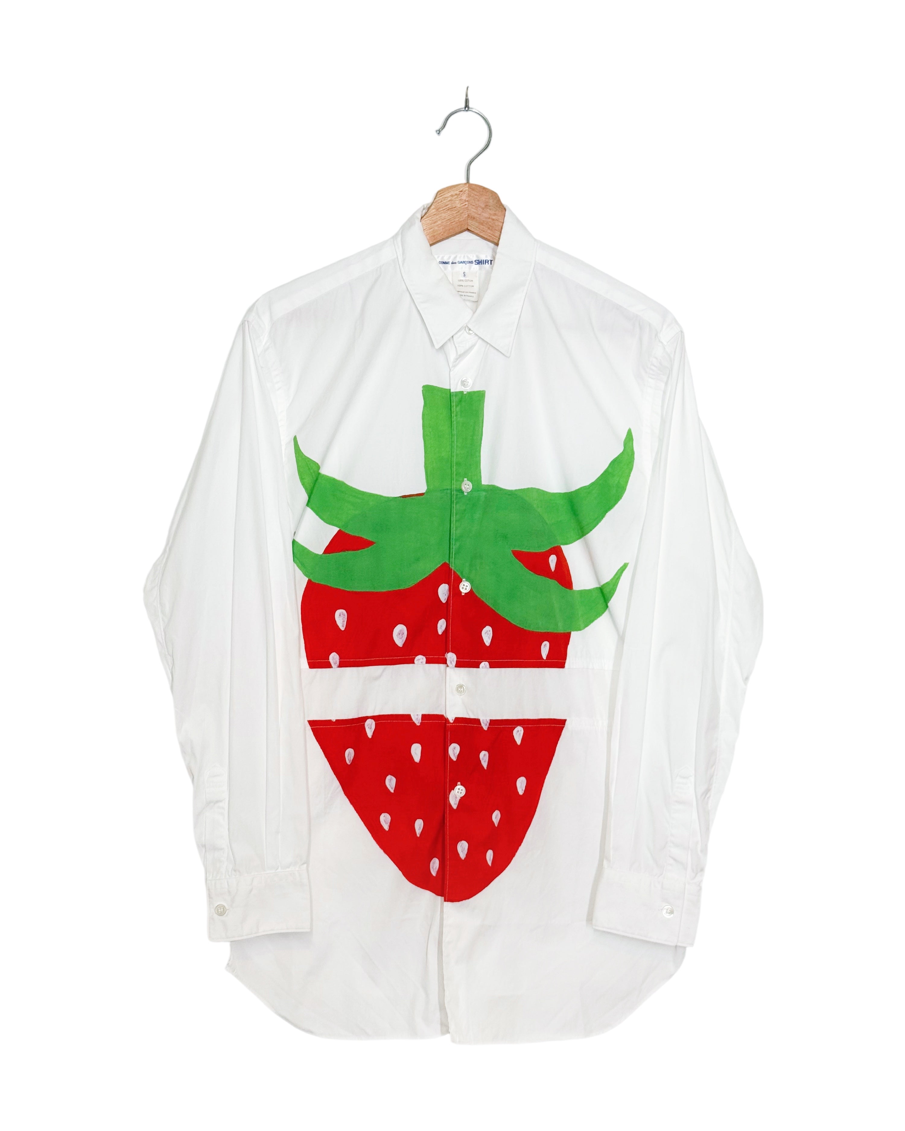 Comme des Garcons Shirt 2023SS Brett Westfall strawberry patch shirt - front view on hanger, white cotton with patched