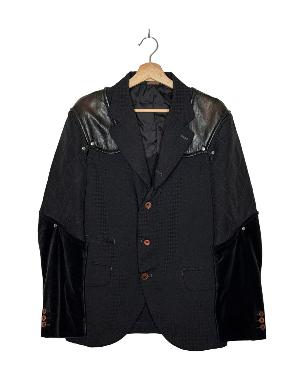 Comme des Garcons Homme Plus 2016AW Armour of Peace armoured jacket - front view on hanger, velvet details, swallow-grid body and riveted leather shoulders