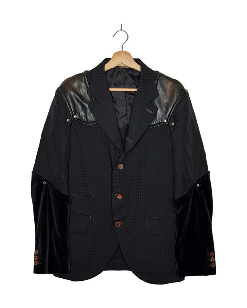 Comme des Garcons Homme Plus 2016AW Armour of Peace armoured jacket - front view on hanger, velvet details, swallow-grid body and riveted leather shoulders