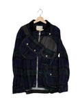 Sacai 2020AW check multi-pocket crossbody jacket - front view on hanger, blue-green check body with utility pockets and an integrated crossbody strap