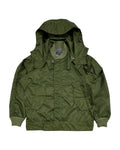 Beams Plus 2019AW hooded nylon submarine jacket - front view on hanger, Type A-1 deck jacket with removable hood