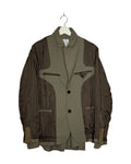 Sacai 2021AW double-layer reversible blazer - front view on hanger, two tailored bodies bonded back to back, army green over brown, wearable either face out