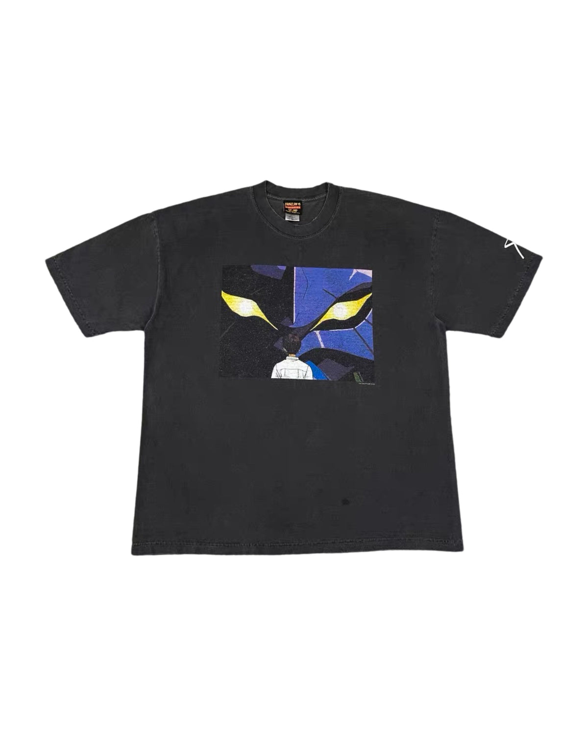 EVAGELION:95 30th Anniversary Unit-01 Print Heavy Washed Distressed T-Shirt (0001) - front view, Angel Attack scene on the front and the title logo on the back