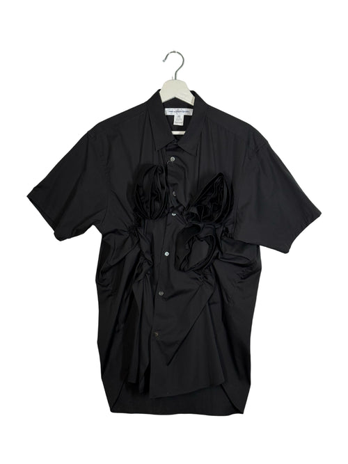 Comme des Garcons Shirt 2025SS twisted rose short sleeve shirt - front view on hanger, twisted cotton construction with rose print